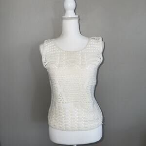 Express Tricot Vintage 90s White Crochet Sweater Womans M Vest Boho Ramie Cotton